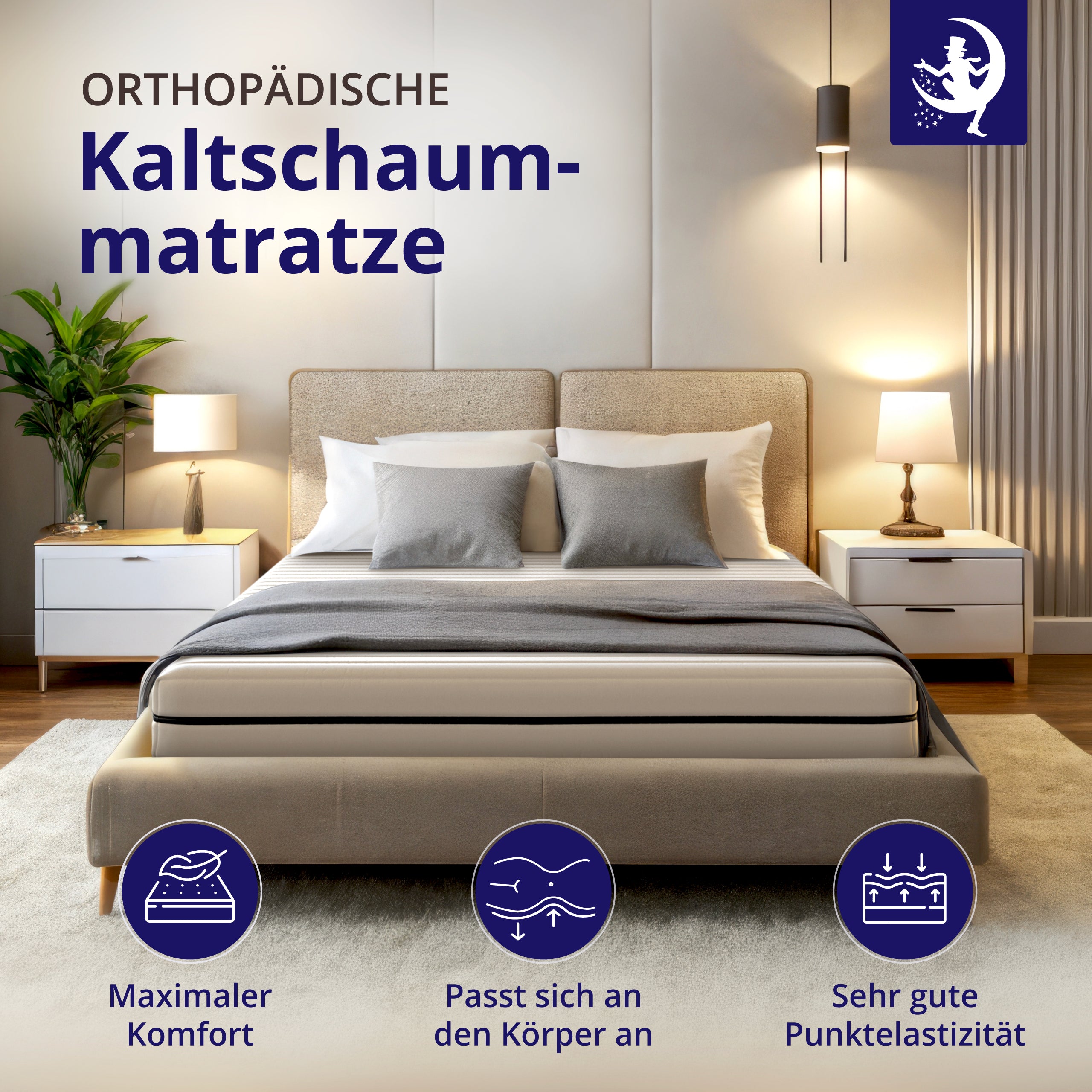 Stilvolles Schlafzimmer mit orthopädischer Kaltschaummatratze – passt sich dem Körper an, sehr gute Punktelastizität, Mister Sandman Logo