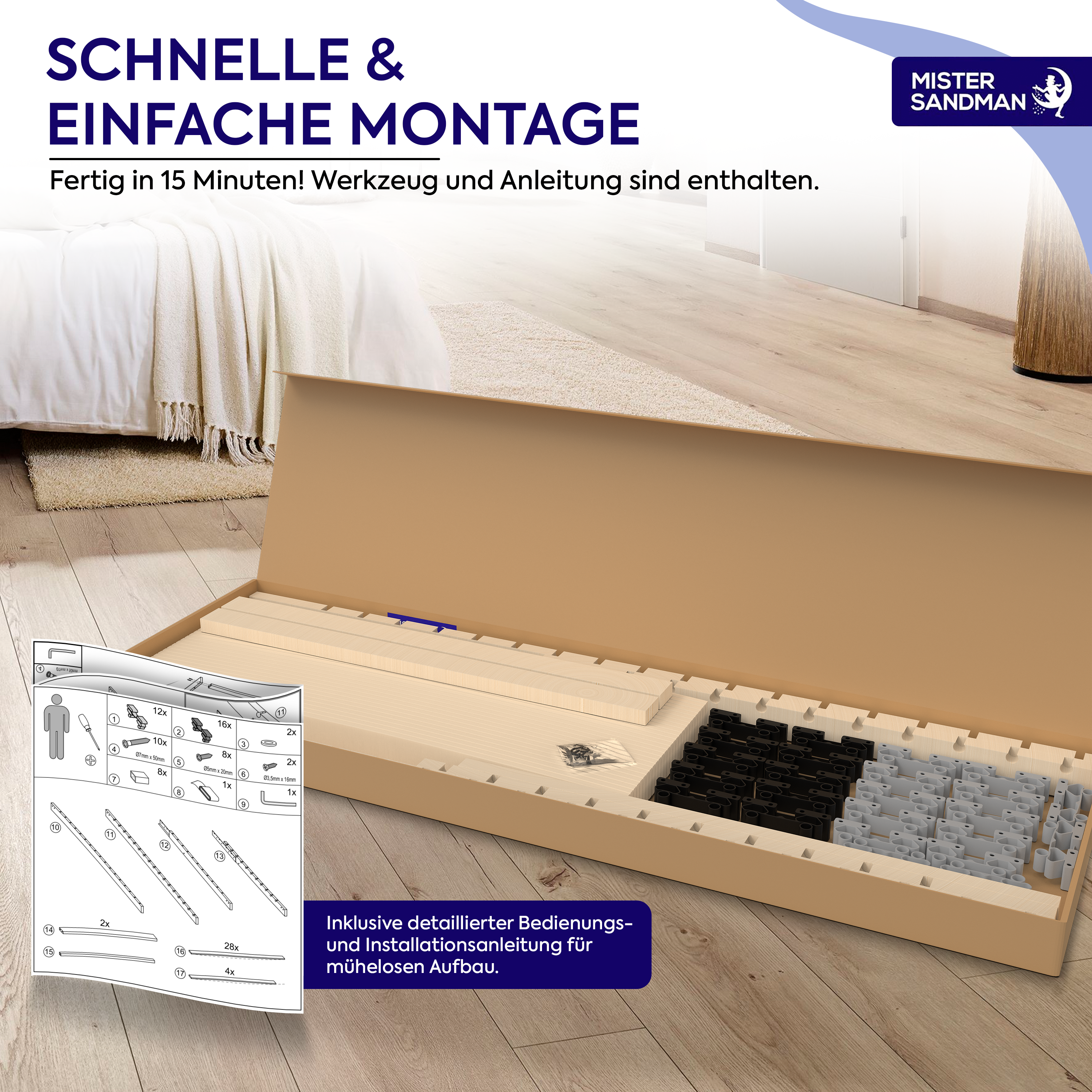 Lattenrost zur einfachen Montage, Lieferung im Karton inklusive Werkzeug und Aufbauanleitung.