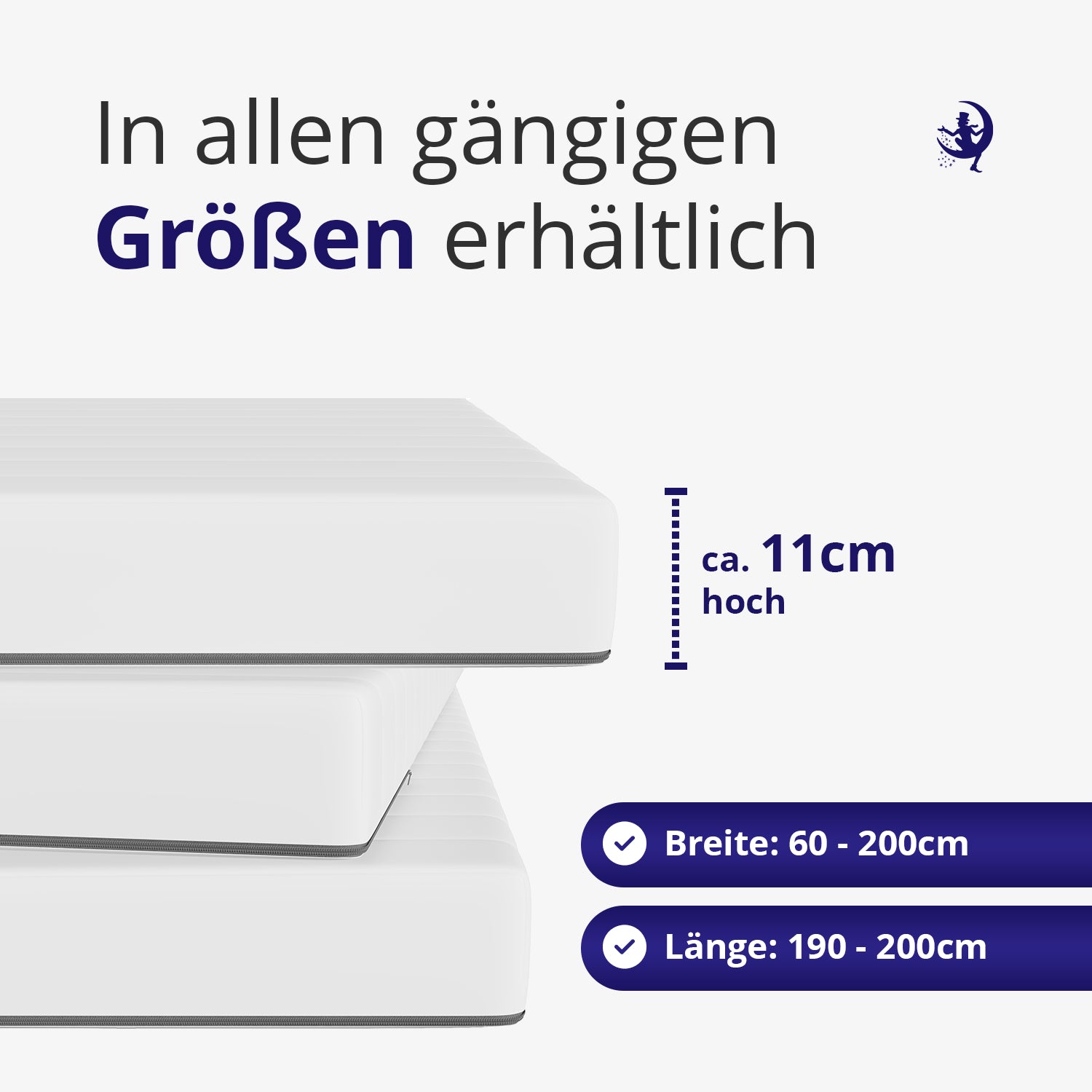 Kaltschaum-Matratze mit ca. 11 cm Höhe, erhältlich in allen gängigen Größen von 60x190 bis 200x200 cm – ideal für platzsparendes Schlafen