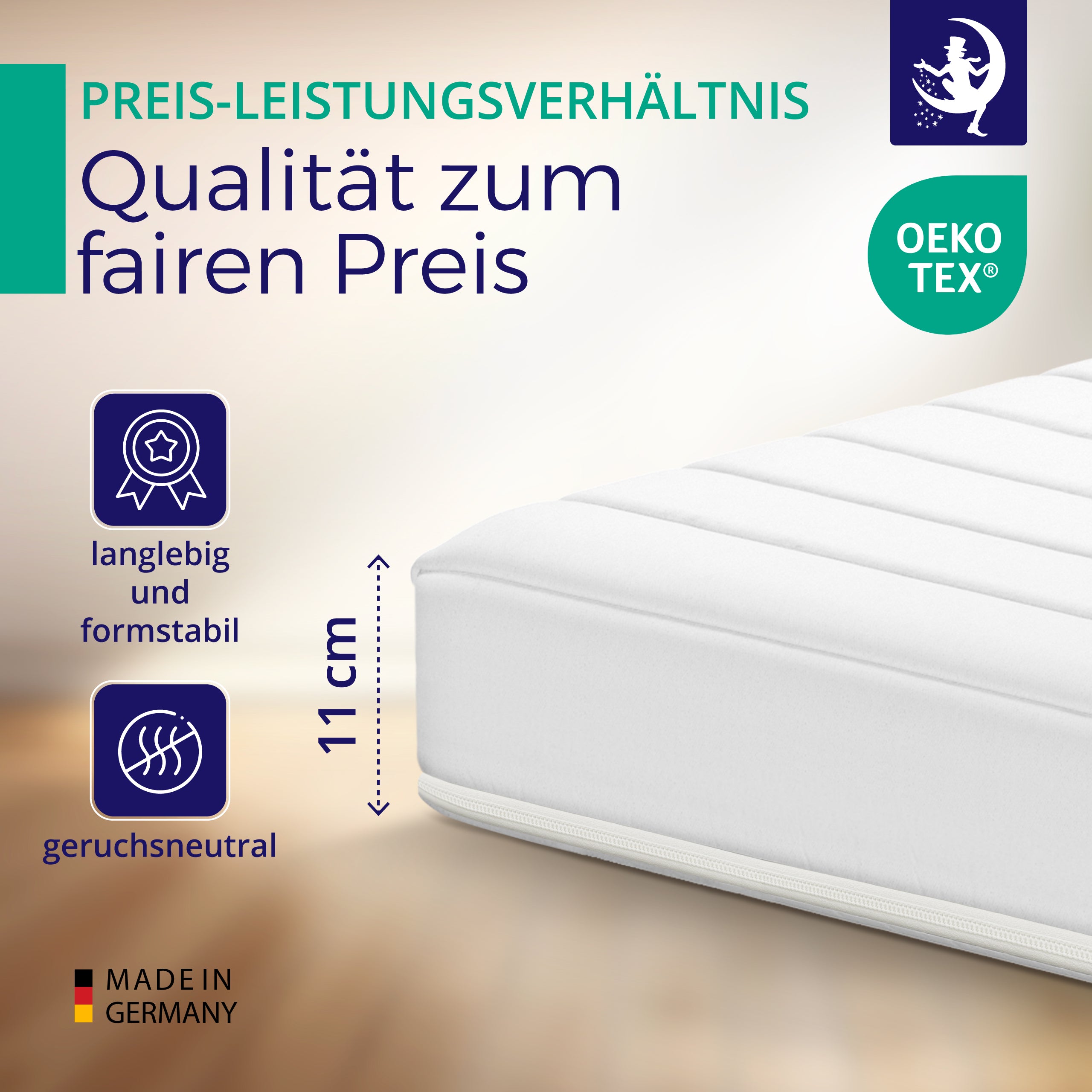 11 cm hohe Kaltschaummatratze, langlebig, formstabil und geruchsneutral – gutes Preis-Leistungs-Verhältnis