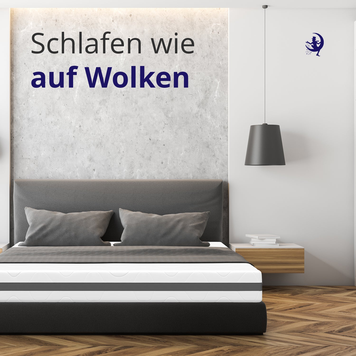 Moodbild mit grauer Taschenfederkernmatratze H3/H4 auf einem Bett im Schlafzimmer – vermittelt Komfort und erholsamen Schlaf wie auf Wolken