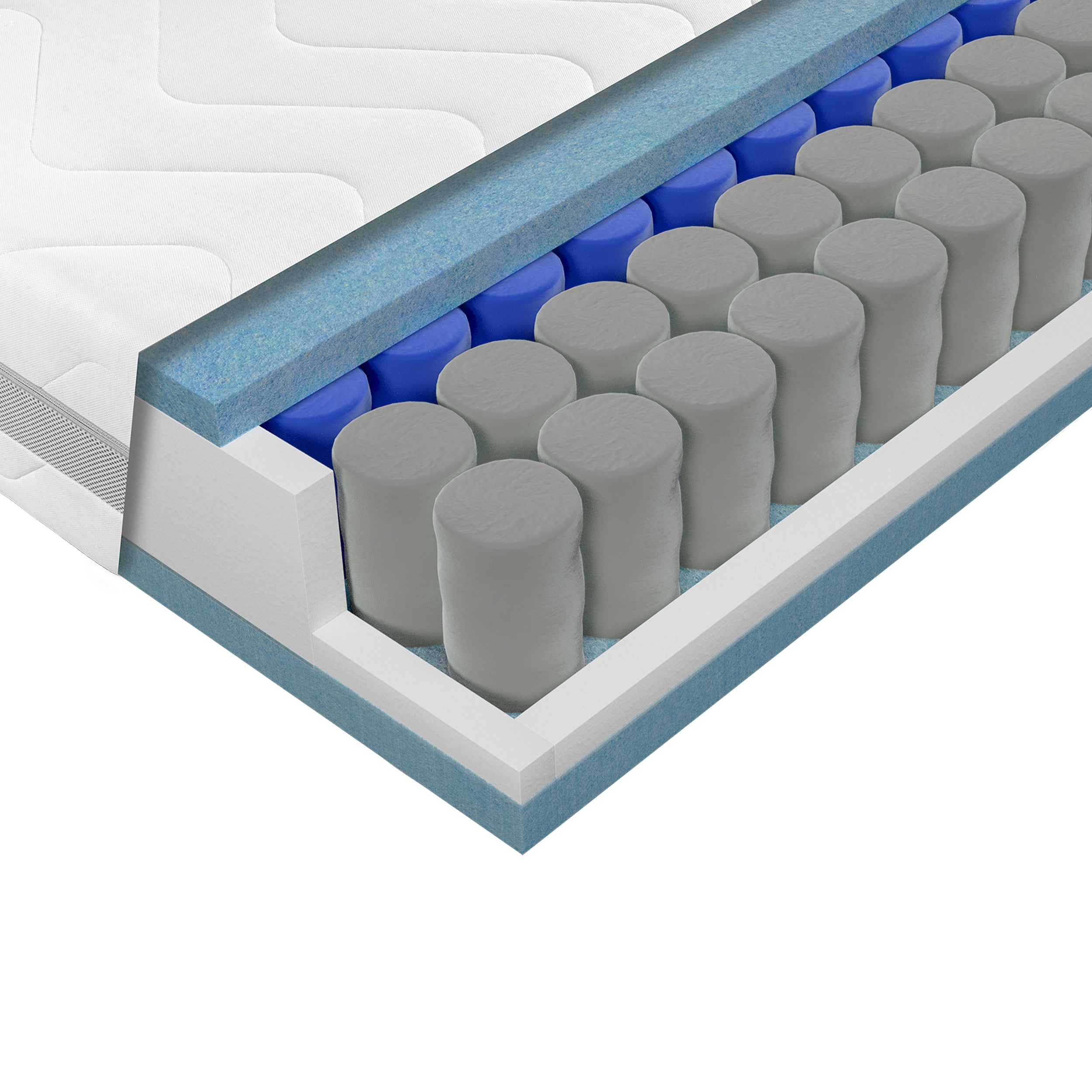 Detailansicht der aufgeschnittenen Matratzen-Ecke mit sichtbaren einzeln verpackten Taschenfederkernen – ergonomische Unterstützung für Rücken und Wirbelsäule